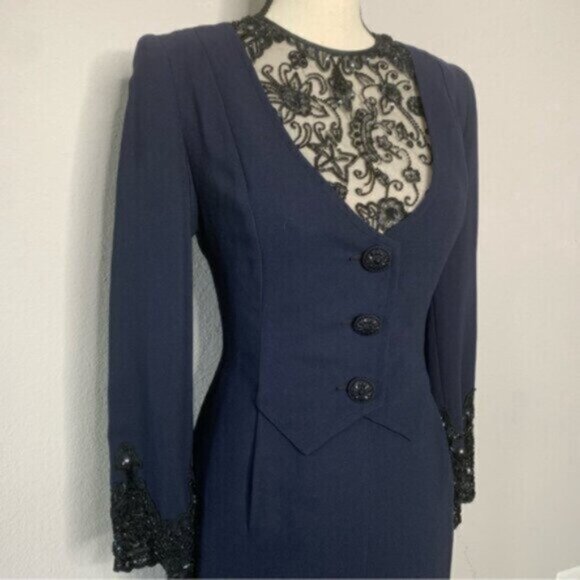 Badgley Mischka Vintage Navy Blue Lace Trim Button Accent Midi Dress - Picture 10 of 16